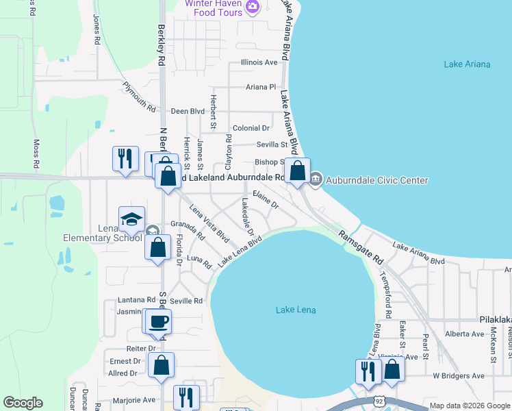 map of restaurants, bars, coffee shops, grocery stores, and more near 121 Elaine Drive in Auburndale