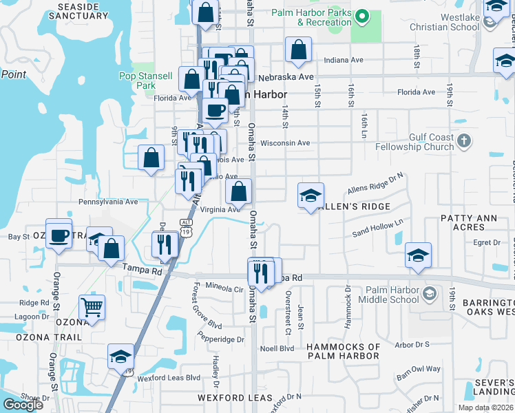 map of restaurants, bars, coffee shops, grocery stores, and more near 517 Island Court in Palm Harbor