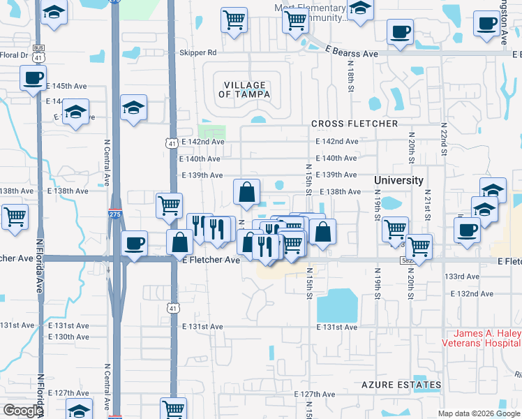 map of restaurants, bars, coffee shops, grocery stores, and more near 1302 Cooperstown Court in Tampa