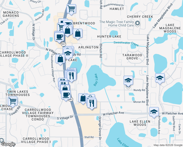 map of restaurants, bars, coffee shops, grocery stores, and more near 13537 Bay Lake Lane in Tampa