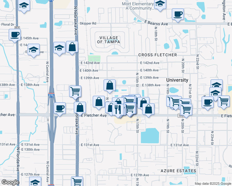 map of restaurants, bars, coffee shops, grocery stores, and more near 1325 Sand Lake Circle in Tampa