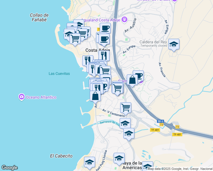 map of restaurants, bars, coffee shops, grocery stores, and more near 11 Calle Venezuela in Costa Adeje