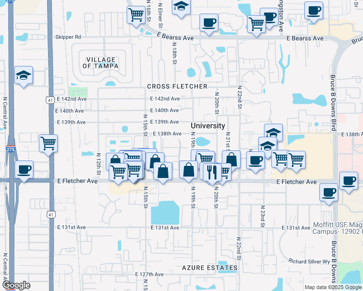map of restaurants, bars, coffee shops, grocery stores, and more near 13721 Revere Landing Drive in Tampa