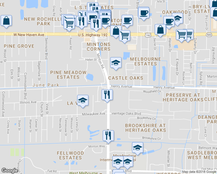 map of restaurants, bars, coffee shops, grocery stores, and more near in West Melbourne
