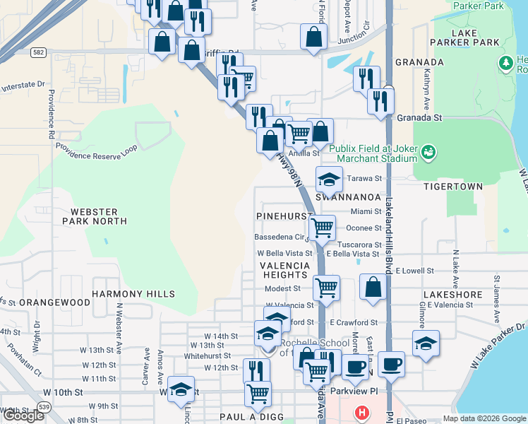map of restaurants, bars, coffee shops, grocery stores, and more near in Lakeland