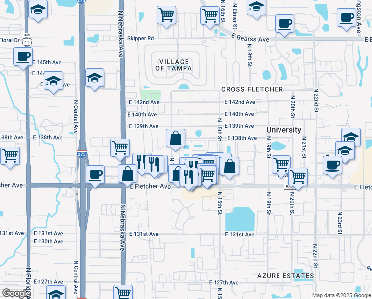 map of restaurants, bars, coffee shops, grocery stores, and more near 1325 Sand Lake Circle in Tampa