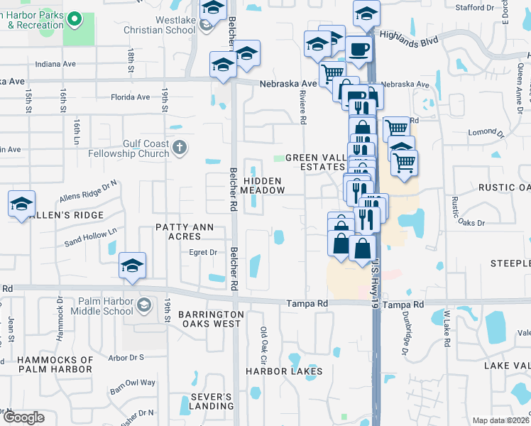 map of restaurants, bars, coffee shops, grocery stores, and more near 417 Still Meadows Circle East in Palm Harbor