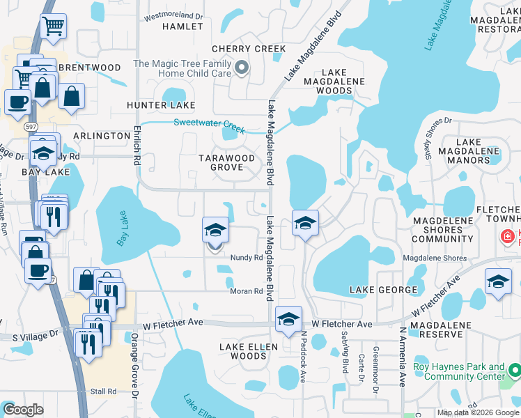 map of restaurants, bars, coffee shops, grocery stores, and more near 3213 Valley Oaks Drive in Tampa