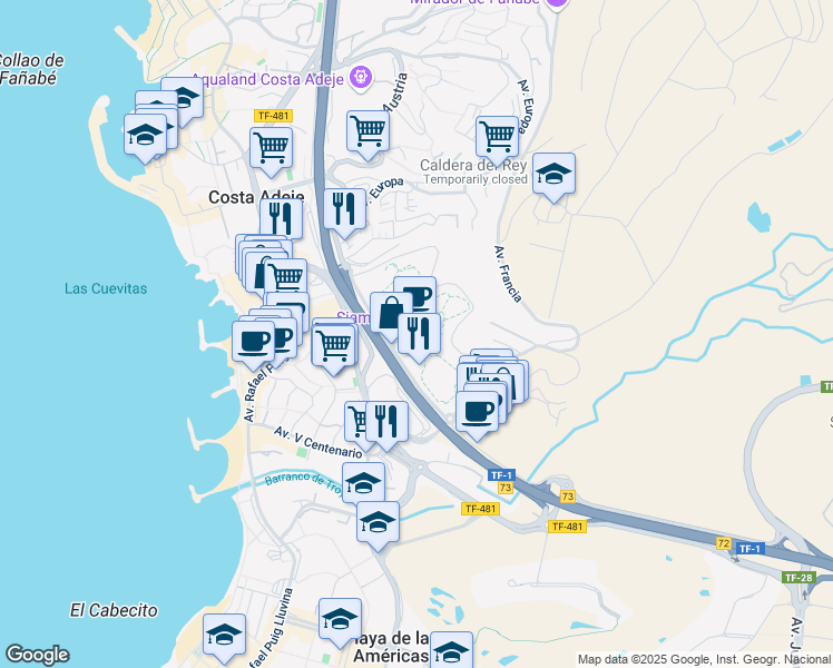 map of restaurants, bars, coffee shops, grocery stores, and more near 62H Urbanizacion Americas Sau in Costa Adeje