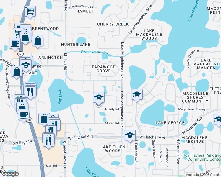 map of restaurants, bars, coffee shops, grocery stores, and more near 13620 Lake Magdalene Boulevard in Tampa