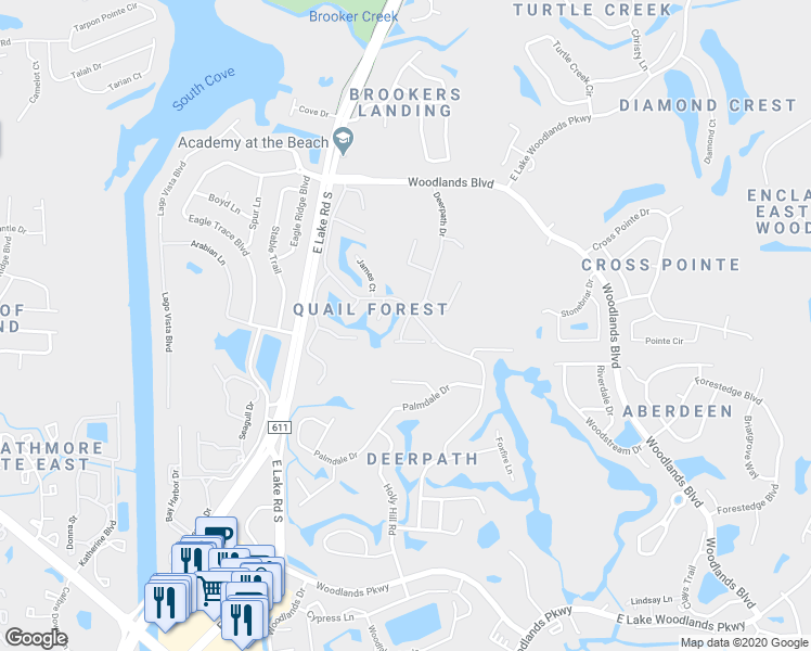 map of restaurants, bars, coffee shops, grocery stores, and more near 99 Thomas Lane in Oldsmar