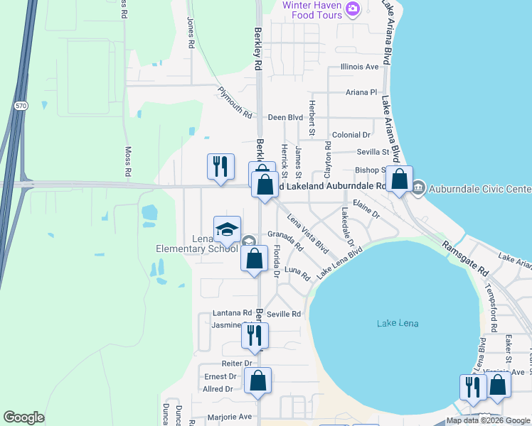 map of restaurants, bars, coffee shops, grocery stores, and more near 1041 County Road 655 in Auburndale
