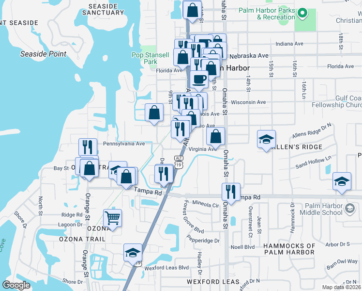map of restaurants, bars, coffee shops, grocery stores, and more near 509 U.S. 19 Alt in Palm Harbor