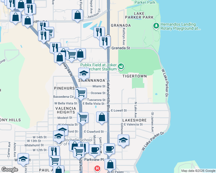 map of restaurants, bars, coffee shops, grocery stores, and more near 639 Miami Street in Lakeland