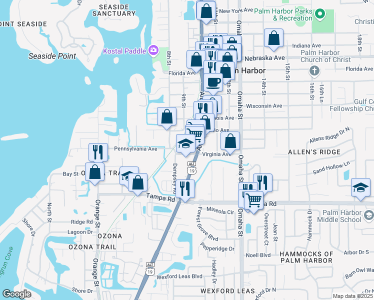 map of restaurants, bars, coffee shops, grocery stores, and more near 973 Virginia Avenue in Palm Harbor