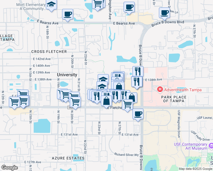 map of restaurants, bars, coffee shops, grocery stores, and more near 13615 North 22nd Street in Tampa