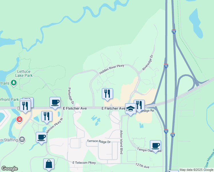 map of restaurants, bars, coffee shops, grocery stores, and more near 13901 River Willow Place in Tampa