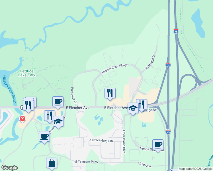 map of restaurants, bars, coffee shops, grocery stores, and more near 13901 River Willow Place in Tampa
