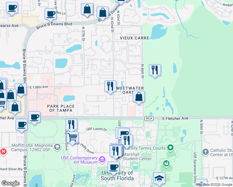 map of restaurants, bars, coffee shops, grocery stores, and more near 13802 Lazy Oak Drive in Tampa