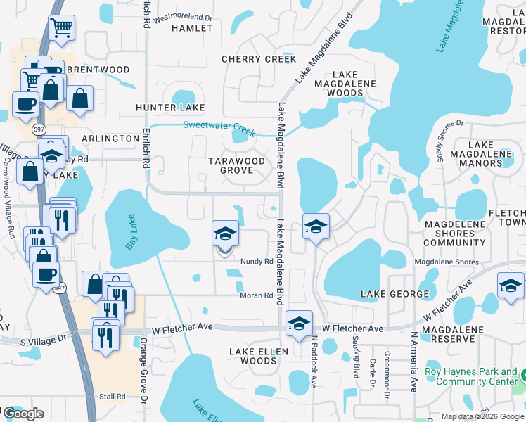 map of restaurants, bars, coffee shops, grocery stores, and more near 13620 Lake Magdalene Boulevard in Tampa
