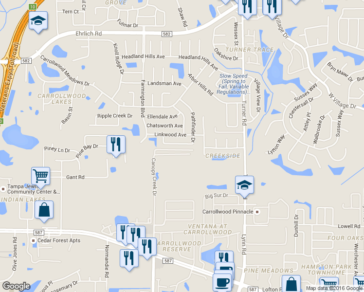 map of restaurants, bars, coffee shops, grocery stores, and more near 13834 Pathfinder Drive in Tampa