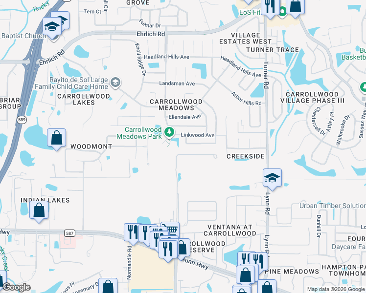 map of restaurants, bars, coffee shops, grocery stores, and more near 13803 Pathfinder Drive in Tampa