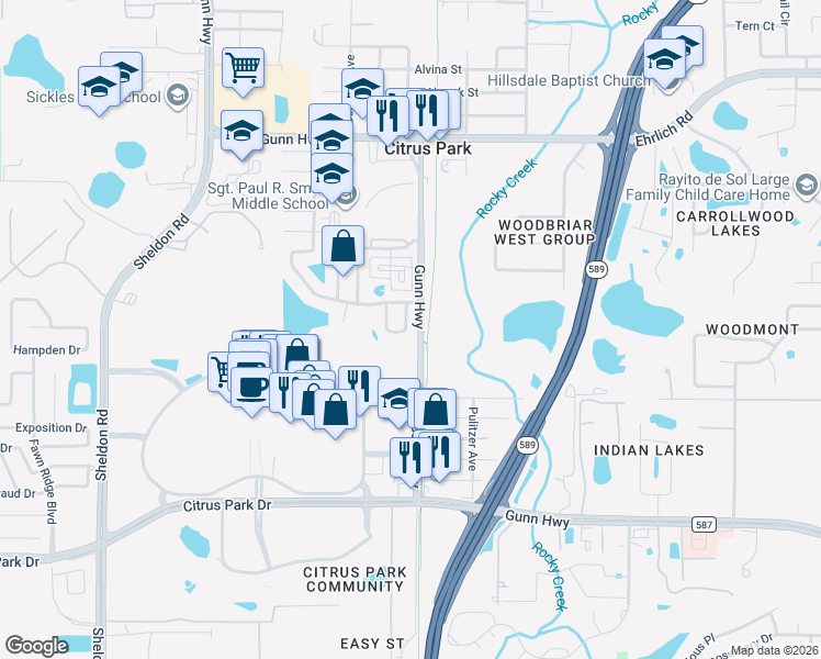 map of restaurants, bars, coffee shops, grocery stores, and more near 13906 Henson Circle in Tampa