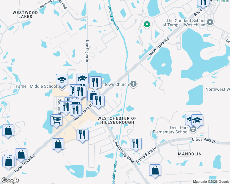 map of restaurants, bars, coffee shops, grocery stores, and more near 11001 Northumberland Drive in Westchase