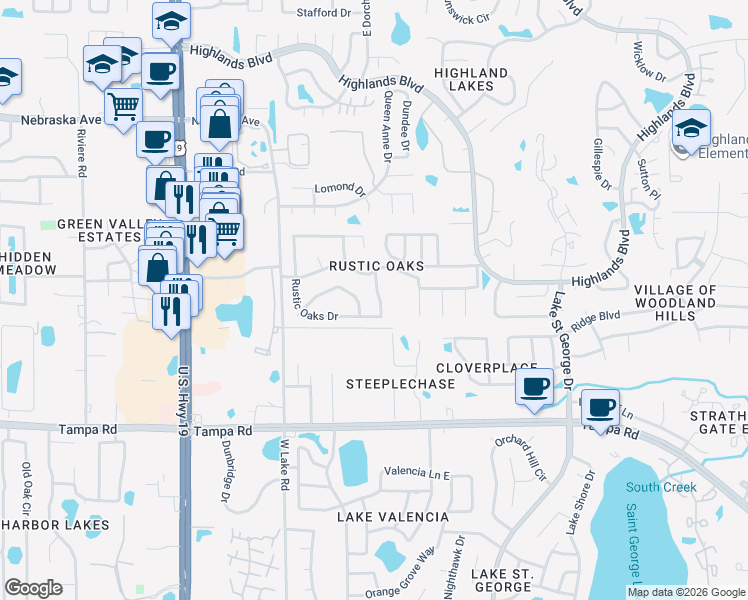 map of restaurants, bars, coffee shops, grocery stores, and more near 798 Creekside Lane in Palm Harbor