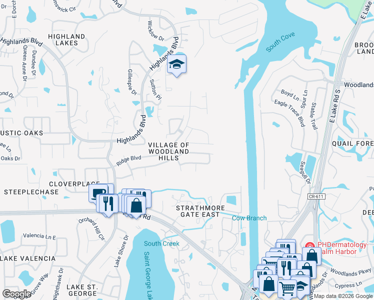 map of restaurants, bars, coffee shops, grocery stores, and more near 3545 Rolling Trail in Palm Harbor