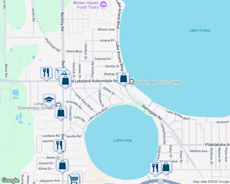map of restaurants, bars, coffee shops, grocery stores, and more near 124 Elaine Drive in Auburndale