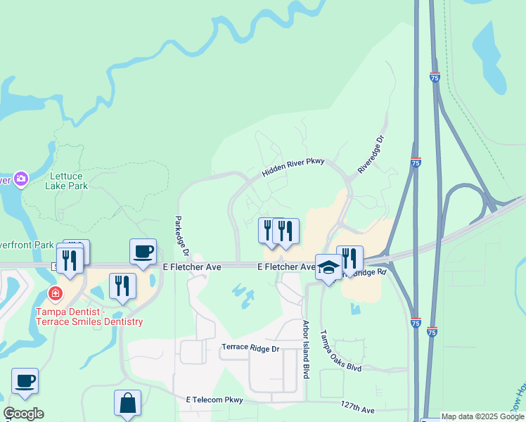 map of restaurants, bars, coffee shops, grocery stores, and more near 13901 River Willow Place in Tampa