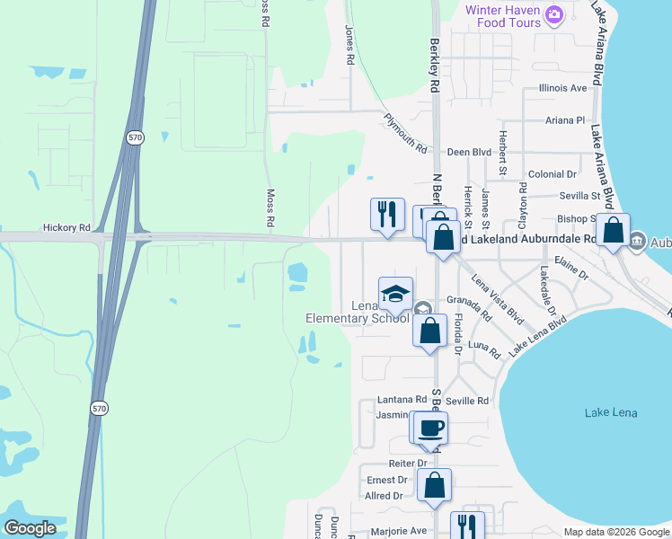 map of restaurants, bars, coffee shops, grocery stores, and more near 111 Highland Avenue in Auburndale