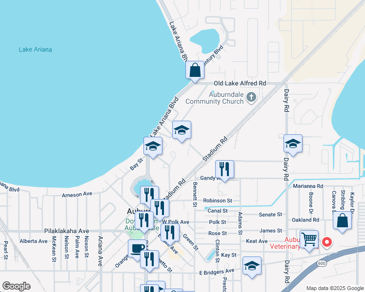 map of restaurants, bars, coffee shops, grocery stores, and more near 1 Bloodhound Trail in Auburndale