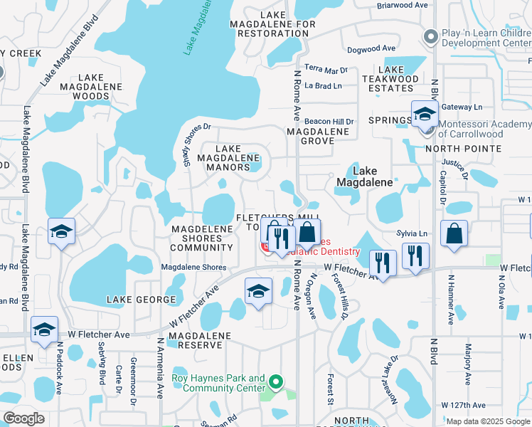 map of restaurants, bars, coffee shops, grocery stores, and more near 13924 Fletchers Mill Drive in Tampa