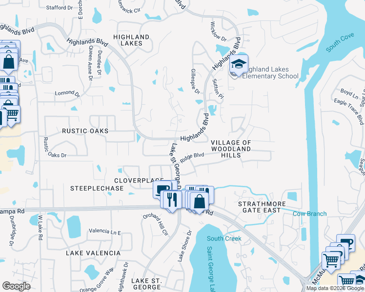map of restaurants, bars, coffee shops, grocery stores, and more near 3420 Rugby Court in Palm Harbor