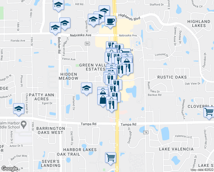 map of restaurants, bars, coffee shops, grocery stores, and more near 33086 U.S. 19 in Palm Harbor