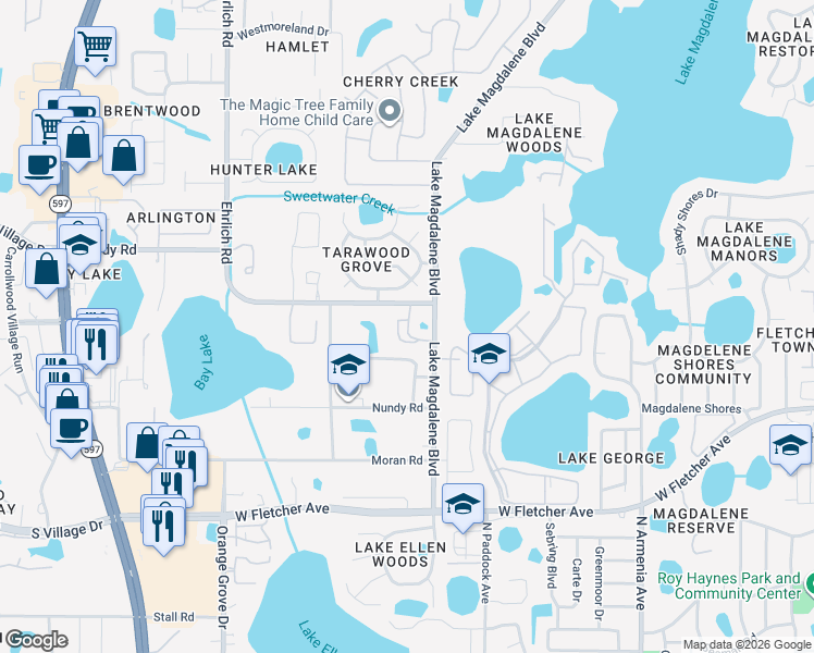 map of restaurants, bars, coffee shops, grocery stores, and more near Valley Oaks Drive in Tampa