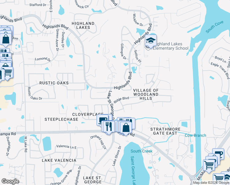 map of restaurants, bars, coffee shops, grocery stores, and more near 3420 Rugby Court in Palm Harbor