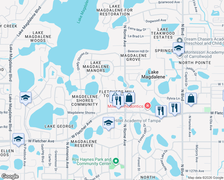 map of restaurants, bars, coffee shops, grocery stores, and more near 13924 Fletchers Mill Drive in Tampa