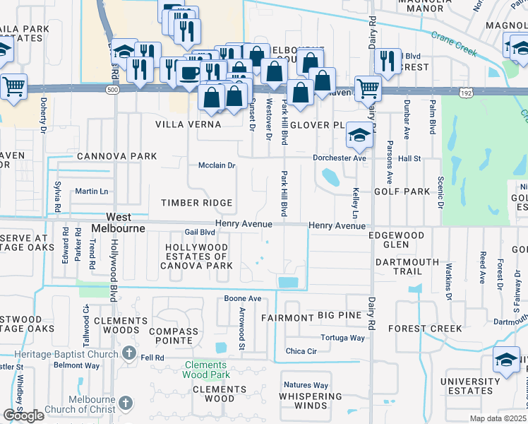 map of restaurants, bars, coffee shops, grocery stores, and more near 362 Adamo Way in West Melbourne