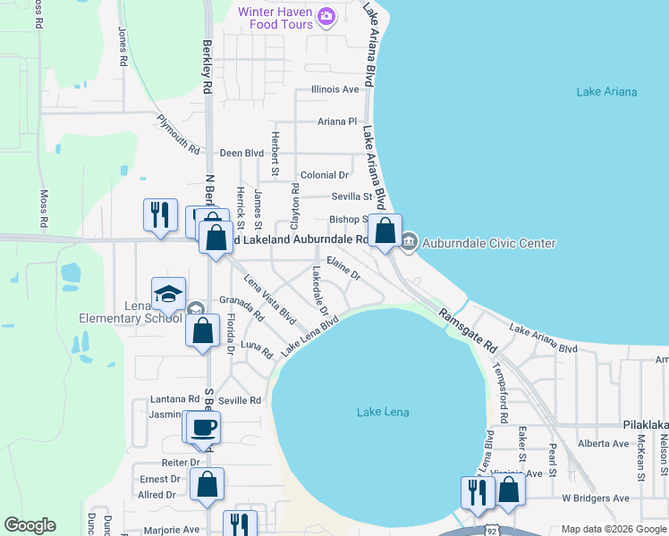 map of restaurants, bars, coffee shops, grocery stores, and more near 121 Elaine Drive in Auburndale