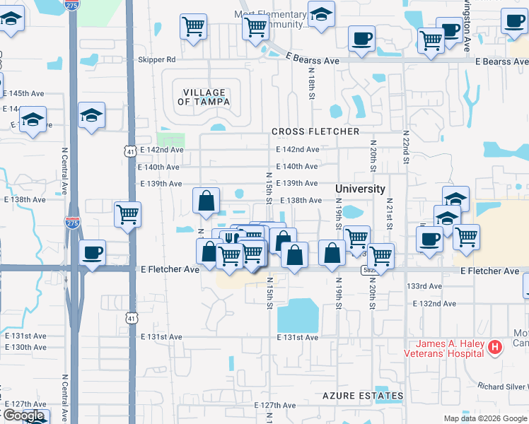 map of restaurants, bars, coffee shops, grocery stores, and more near 13741 Susan Kay Drive in Tampa