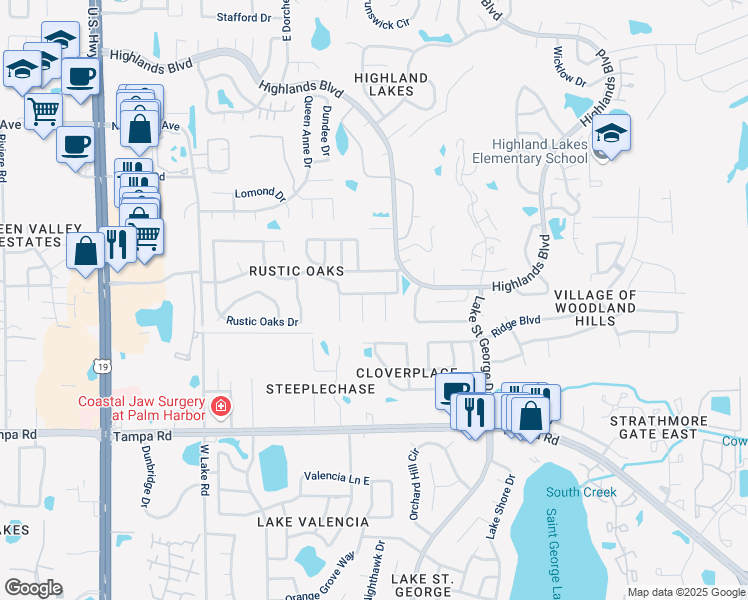 map of restaurants, bars, coffee shops, grocery stores, and more near 3080 Oak View Drive in Palm Harbor