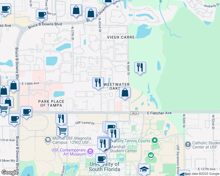 map of restaurants, bars, coffee shops, grocery stores, and more near 13802 Lazy Oak Drive in Tampa