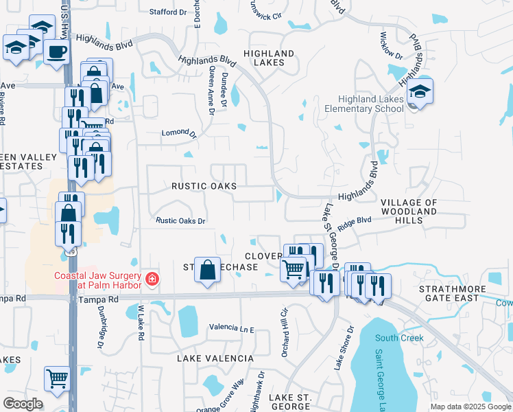 map of restaurants, bars, coffee shops, grocery stores, and more near 3080 Oak View Drive in Palm Harbor