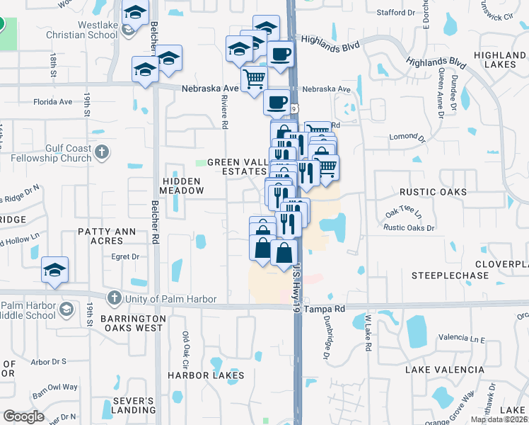 map of restaurants, bars, coffee shops, grocery stores, and more near 657 Green Valley Road in Palm Harbor