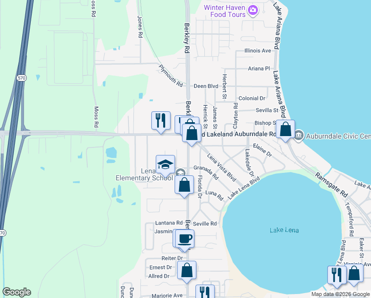 map of restaurants, bars, coffee shops, grocery stores, and more near 1041 County Road 655 in Auburndale