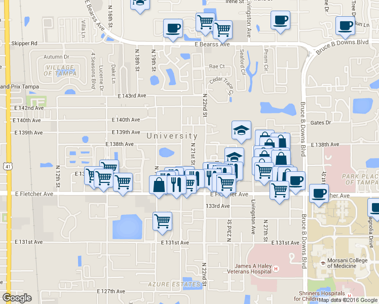 map of restaurants, bars, coffee shops, grocery stores, and more near 13702 North 21st Street in Tampa