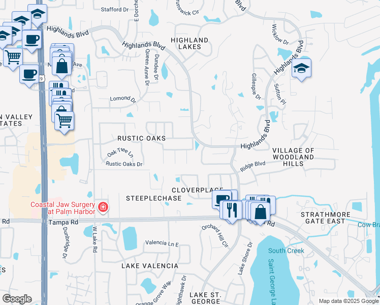 map of restaurants, bars, coffee shops, grocery stores, and more near 499 Oak View Terrace in Palm Harbor